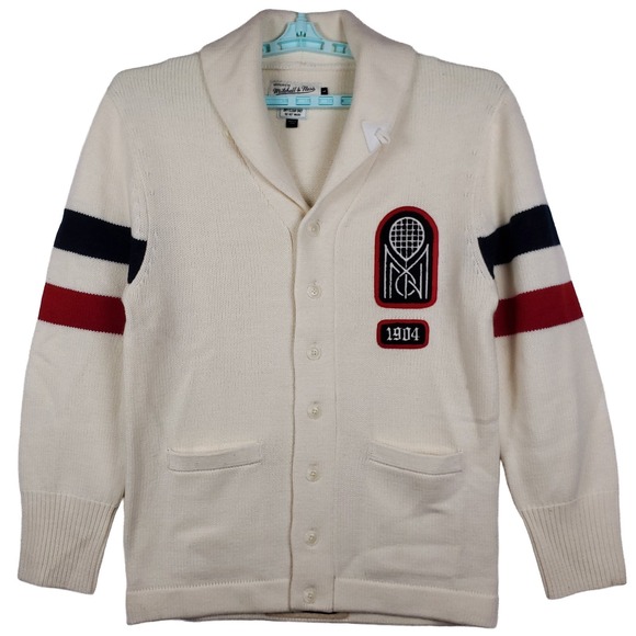 Mitchell & Ness Tennis Cardigan Jacket Large Cream Knit Navy Red Stripes New